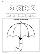 Free umbrella color black coloring page and color worksheet, black worksheet for preschoolers to learn colors, printable PDF