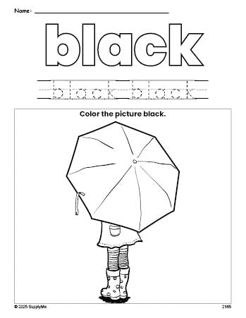 Free umbrella color black coloring page and color worksheet, black worksheet for preschoolers to learn colors, printable PDF