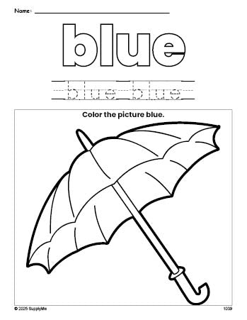 Free umbrella color blue coloring page and color worksheet, blue worksheet for preschoolers to learn colors, printable PDF