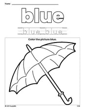 Free umbrella color blue coloring page and color worksheet, blue worksheet for preschoolers to learn colors, printable PDF