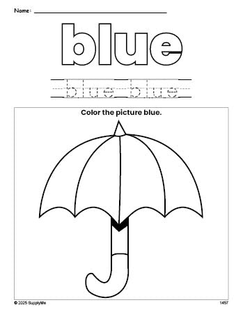 Free umbrella color blue coloring page and color worksheet, blue worksheet for preschoolers to learn colors, printable PDF