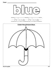 Free umbrella color blue coloring page and color worksheet, blue worksheet for preschoolers to learn colors, printable PDF