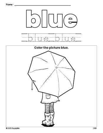 Free umbrella color blue coloring page and color worksheet, blue worksheet for preschoolers to learn colors, printable PDF