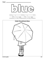 Free umbrella color blue coloring page and color worksheet, blue worksheet for preschoolers to learn colors, printable PDF