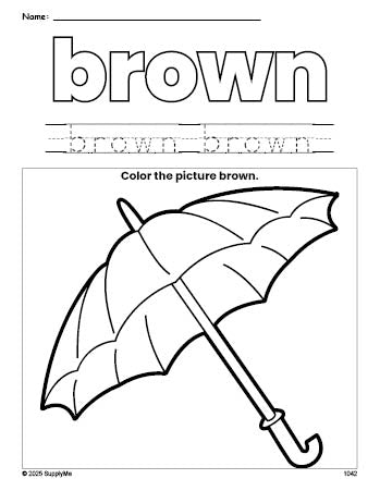 Free umbrella color brown coloring page and color worksheet, brown worksheet for preschoolers to learn colors, printable PDF