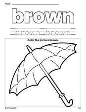 Free umbrella color brown coloring page and color worksheet, brown worksheet for preschoolers to learn colors, printable PDF