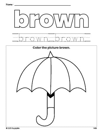 Free umbrella color brown coloring page and color worksheet, brown worksheet for preschoolers to learn colors, printable PDF