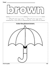 Free umbrella color brown coloring page and color worksheet, brown worksheet for preschoolers to learn colors, printable PDF