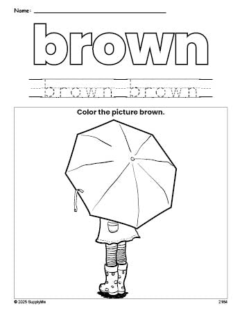 Free umbrella color brown coloring page and color worksheet, brown worksheet for preschoolers to learn colors, printable PDF