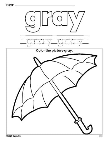 Free umbrella color gray coloring page and color worksheet, gray worksheet for preschoolers to learn colors, printable PDF