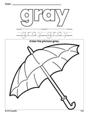 Free umbrella color gray coloring page and color worksheet, gray worksheet for preschoolers to learn colors, printable PDF