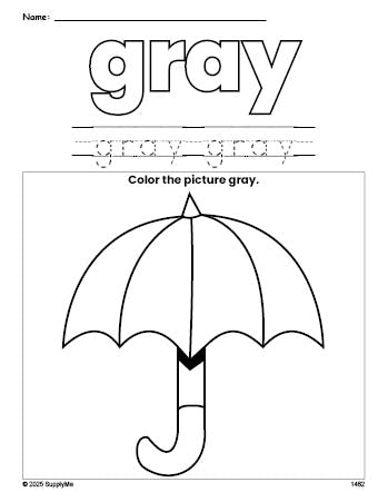 Free umbrella color gray coloring page and color worksheet, gray worksheet for preschoolers to learn colors, printable PDF