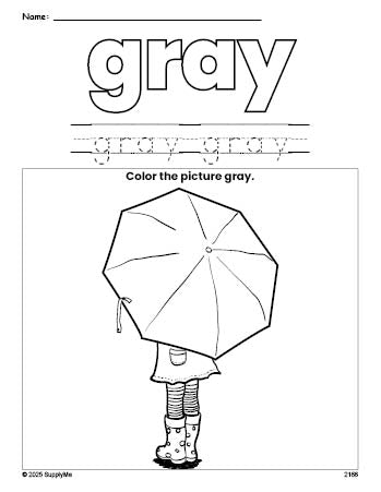 Free umbrella color gray coloring page and color worksheet, gray worksheet for preschoolers to learn colors, printable PDF