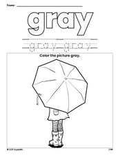 Free umbrella color gray coloring page and color worksheet, gray worksheet for preschoolers to learn colors, printable PDF