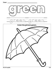 Free umbrella color green coloring page and color worksheet, green worksheet for preschoolers to learn colors, printable PDF