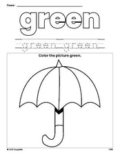 Free umbrella color green coloring page and color worksheet, green worksheet for preschoolers to learn colors, printable PDF