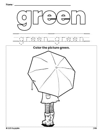 Free umbrella color green coloring page and color worksheet, green worksheet for preschoolers to learn colors, printable PDF