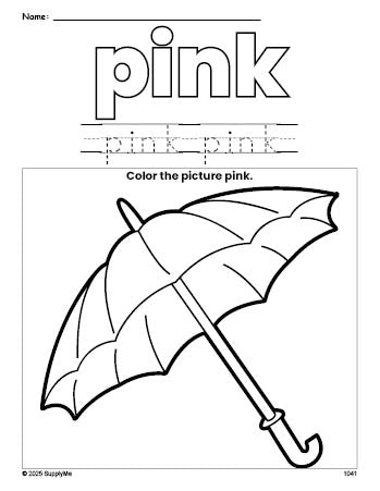 Free umbrella color pink coloring page and color worksheet, pink worksheet for preschoolers to learn colors, printable PDF