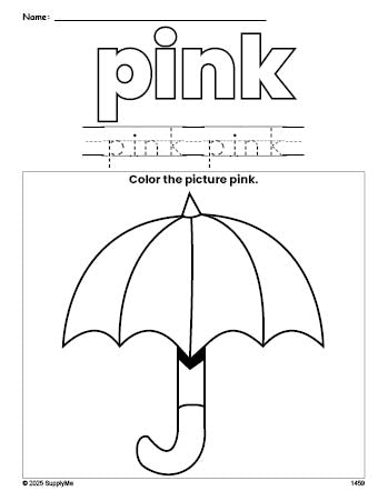 Free umbrella color pink coloring page and color worksheet, pink worksheet for preschoolers to learn colors, printable PDF