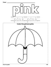 Free umbrella color pink coloring page and color worksheet, pink worksheet for preschoolers to learn colors, printable PDF