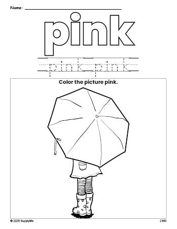 Free umbrella color pink coloring page and color worksheet, pink worksheet for preschoolers to learn colors, printable PDF