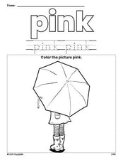 Free umbrella color pink coloring page and color worksheet, pink worksheet for preschoolers to learn colors, printable PDF