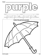 Free umbrella color purple coloring page and color worksheet, purple worksheet for preschoolers to learn colors, printable PDF