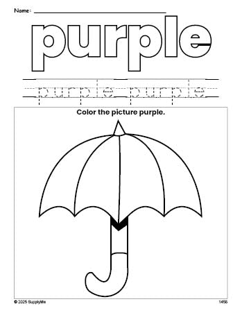 Free umbrella color purple coloring page and color worksheet, purple worksheet for preschoolers to learn colors, printable PDF