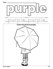 Free umbrella color purple coloring page and color worksheet, purple worksheet for preschoolers to learn colors, printable PDF