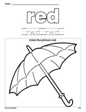 Free umbrella color red coloring page and color worksheet, red worksheet for preschoolers to learn colors, printable PDF