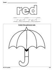 Free umbrella color red coloring page and color worksheet, red worksheet for preschoolers to learn colors, printable PDF