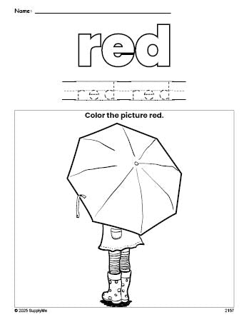 Free umbrella color red coloring page and color worksheet, red worksheet for preschoolers to learn colors, printable PDF