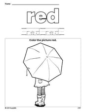 Free umbrella color red coloring page and color worksheet, red worksheet for preschoolers to learn colors, printable PDF