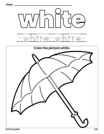 Free umbrella color white coloring page and color worksheet, white worksheet for preschoolers to learn colors, printable PDF