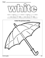 Free umbrella color white coloring page and color worksheet, white worksheet for preschoolers to learn colors, printable PDF