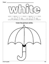 Free umbrella color white coloring page and color worksheet, white worksheet for preschoolers to learn colors, printable PDF