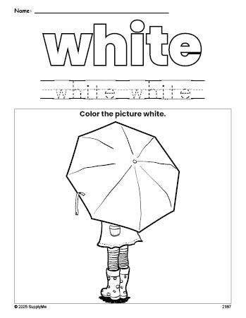 Free umbrella color white coloring page and color worksheet, white worksheet for preschoolers to learn colors, printable PDF