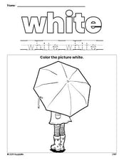 Free umbrella color white coloring page and color worksheet, white worksheet for preschoolers to learn colors, printable PDF