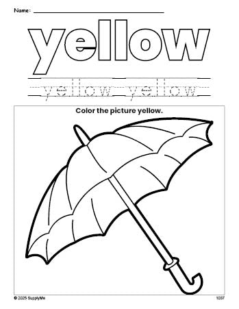 Free umbrella color yellow coloring page and color worksheet, yellow worksheet for preschoolers to learn colors, printable PDF