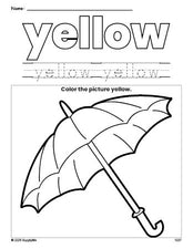 Free umbrella color yellow coloring page and color worksheet, yellow worksheet for preschoolers to learn colors, printable PDF