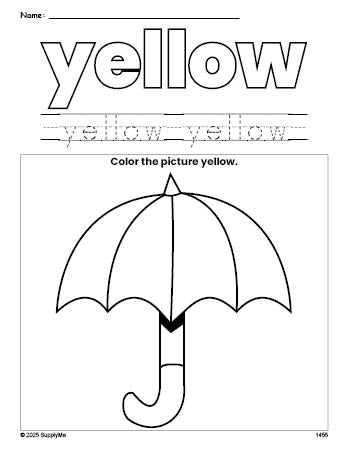 Free umbrella color yellow coloring page and color worksheet, yellow worksheet for preschoolers to learn colors, printable PDF