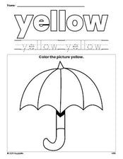 Free umbrella color yellow coloring page and color worksheet, yellow worksheet for preschoolers to learn colors, printable PDF