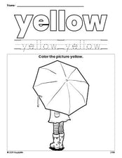 Free umbrella color yellow coloring page and color worksheet, yellow worksheet for preschoolers to learn colors, printable PDF