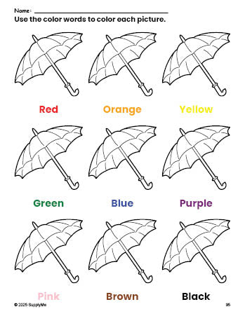 Free umbrella coloring page and color worksheet for preschoolers to learn colors, printable PDF