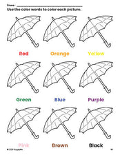 Free umbrella coloring page and color worksheet for preschoolers to learn colors, printable PDF