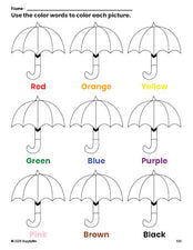 Free umbrella coloring page and color worksheet for preschoolers to learn colors, printable PDF