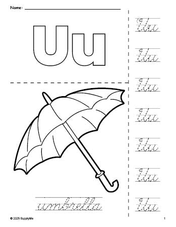 Free printable umbrella coloring page and cursive letter tracing worksheet, letter u worksheet for preschool, pre-k, and kindergarten, PDF