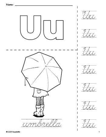 Free printable umbrella coloring page and cursive letter tracing worksheet, letter u worksheet for preschool, pre-k, and kindergarten, PDF