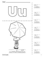 Free printable umbrella coloring page and cursive letter tracing worksheet, letter u worksheet for preschool, pre-k, and kindergarten, PDF