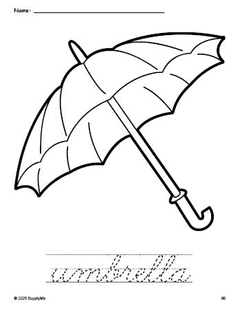 Free printable umbrella coloring page and cursive word tracing worksheet, perfect for preschool, pre-k, and kindergarten, PDF